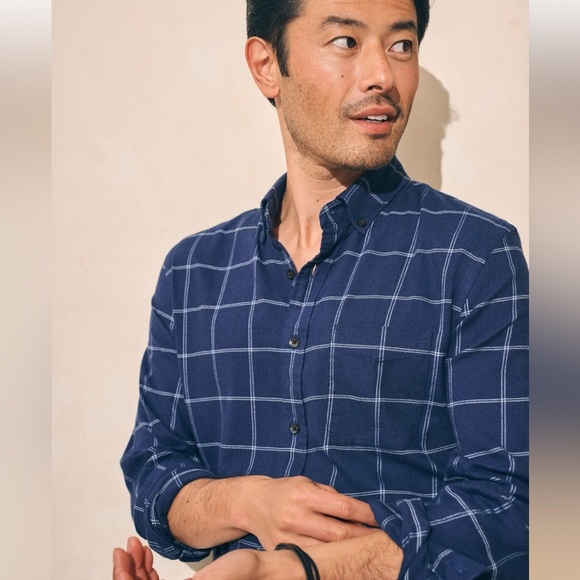 Faherty Men’s The All Time Shirt Navy Windowpane Casual Button Down,Tailored Fit - Picture 7 of 15